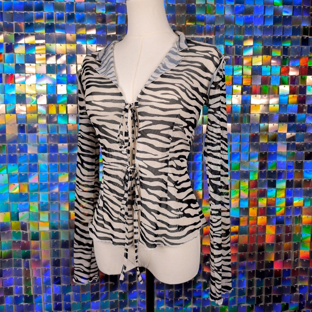Zebra Print‎ Mesh Tie Front Top Womens Medium Black White Excellent Y2K Rave